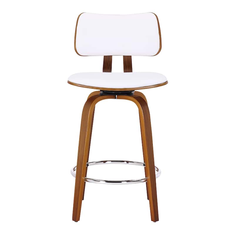 Mid-Century Faux Leather and Wood 26" Counter Stool with Swivel, Set of 4 - White and Walnut