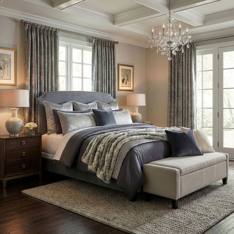 Arezo Silver Grey Velvet Queen Bed with Black Nail Head Trim