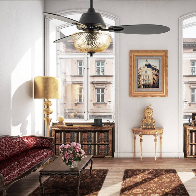 Coco River of Goods 3-blade 42-inch Glam Indoor Ceiling Fan with Amber Hand-Cut Glass Shade and Remote Control