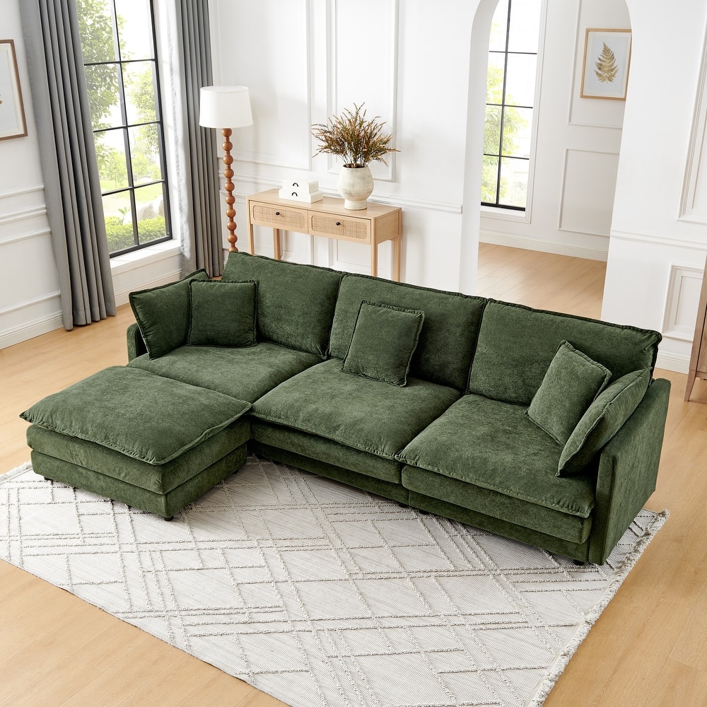 Upholstered Deep Seat Chaise Lounge Couches L-shaped Sectional Sofa Living Room Towel Fabric Sofa with Ottoman and Pillows