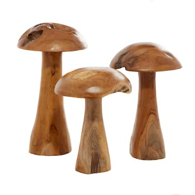 Teak Wood Mushroom Handmade Live Edge Sculpture with Natural Smooth Finish - Set of 3 Brown - Roche River Decor