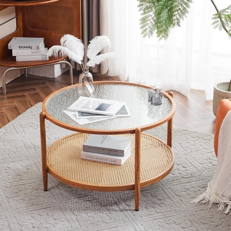 VINGLI Double-Layered Round Water Ripple Glass with Heat Transfer Wood Grain Iron Frame Coffee Table