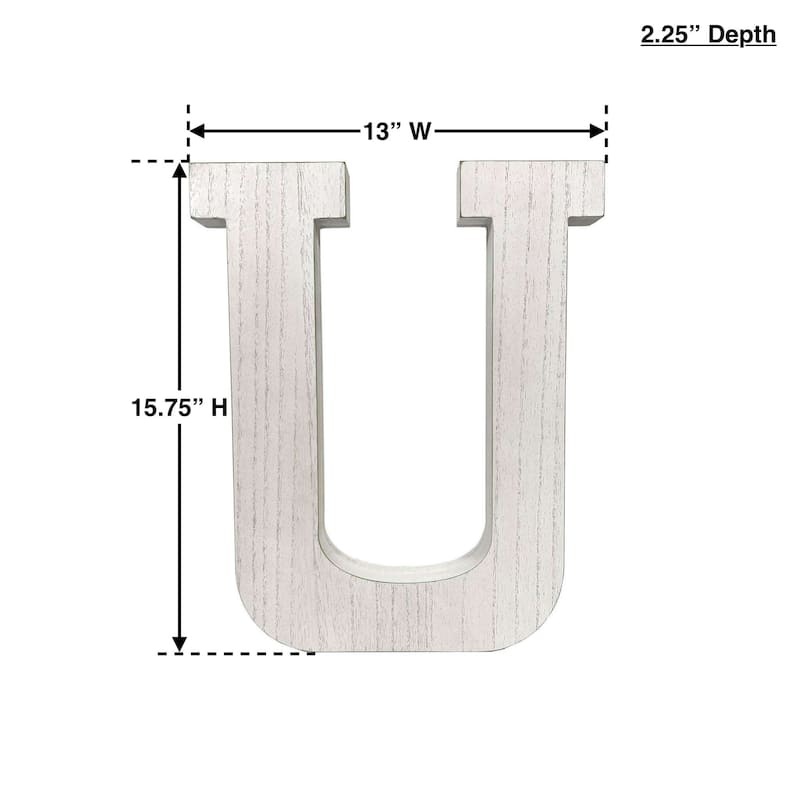 16" Distressed White Wash Wooden Initial Letter U Sculpture