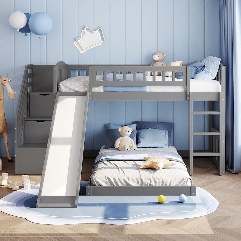 Twin over Twin Bunk Bed with Drawers, Slide, and Stairs, Gray