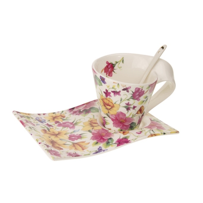 Yellow & Red Flower Wave- Spoon, Cup & Saucer