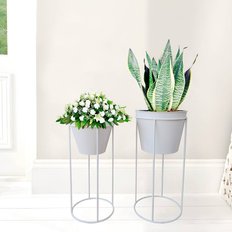 Metal Cachepot Set of 2 Black Color Flower Plant Stand - Minimalist Decor