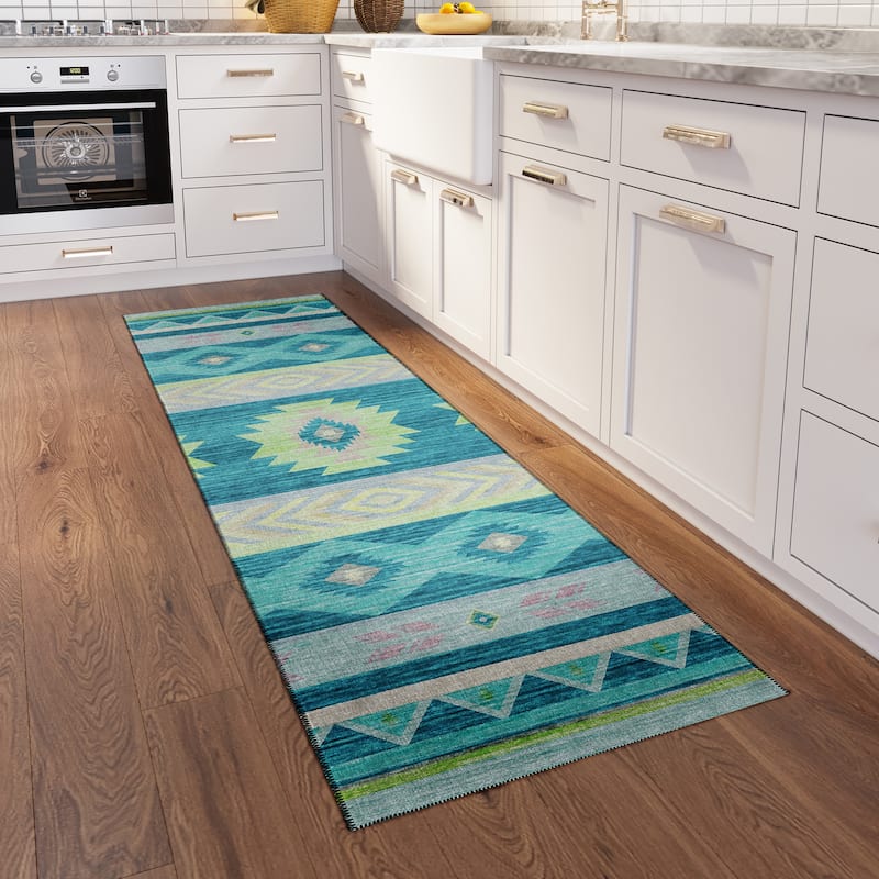 Indoor/ Outdoor Sonora Global Medallions Washable Rug - 2'3" x 7'6" - Peacock