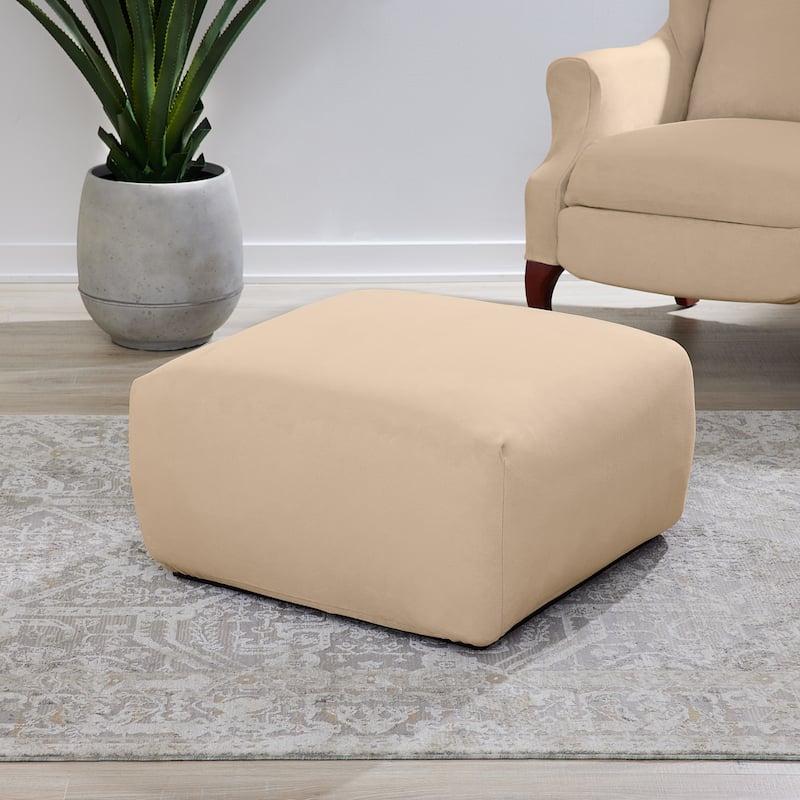 SureFit Stretch Suede Square Ottoman Slipcover with Elastic Bottom - Cement