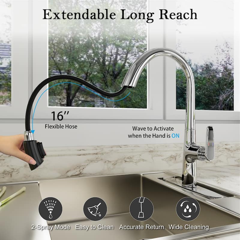 24" Dual Sensors Touchless Pull-Down Kitchen Faucet Fingerprint Resistant, Standard Braided Hoses