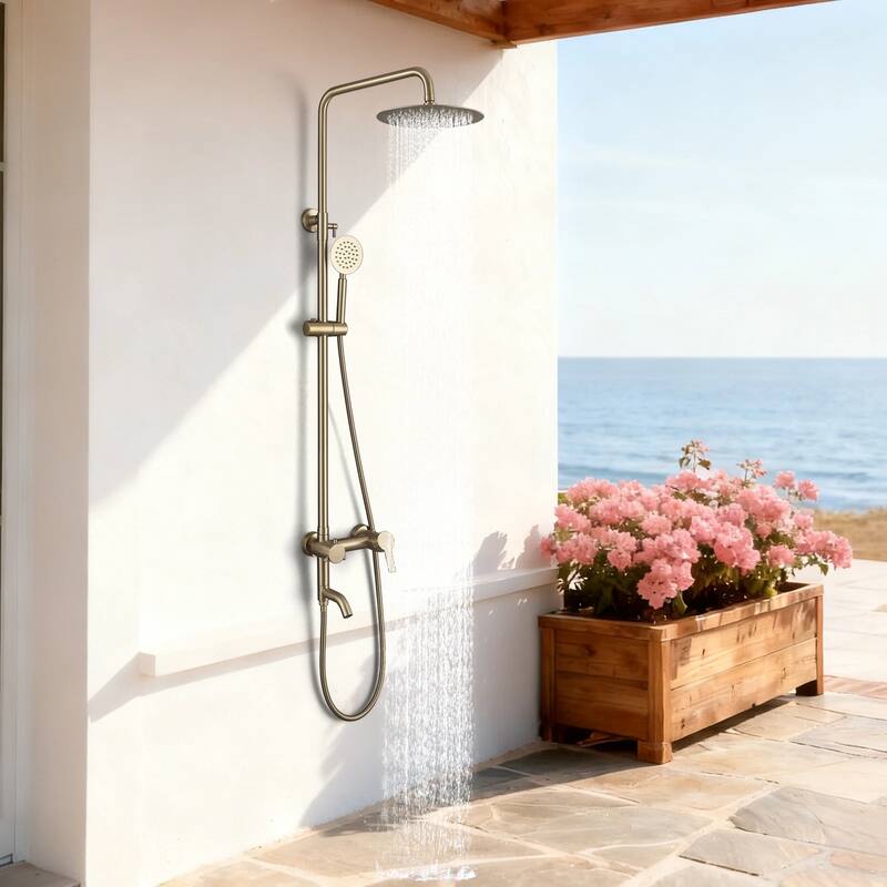 47"H 3-Function 304 Stainless Steel Wall-Mounted Outdoor Shower System - Brushed Gold