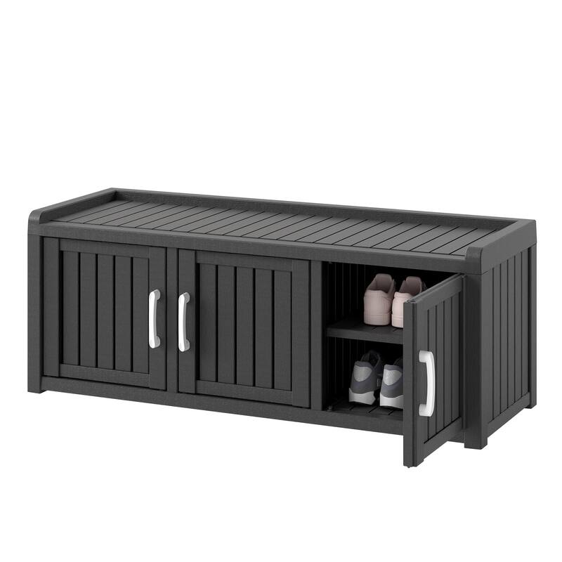 120 Gal. Double Door Locker with 3 Barn Doors Indoor and Outdoor Entryway Storage Bench