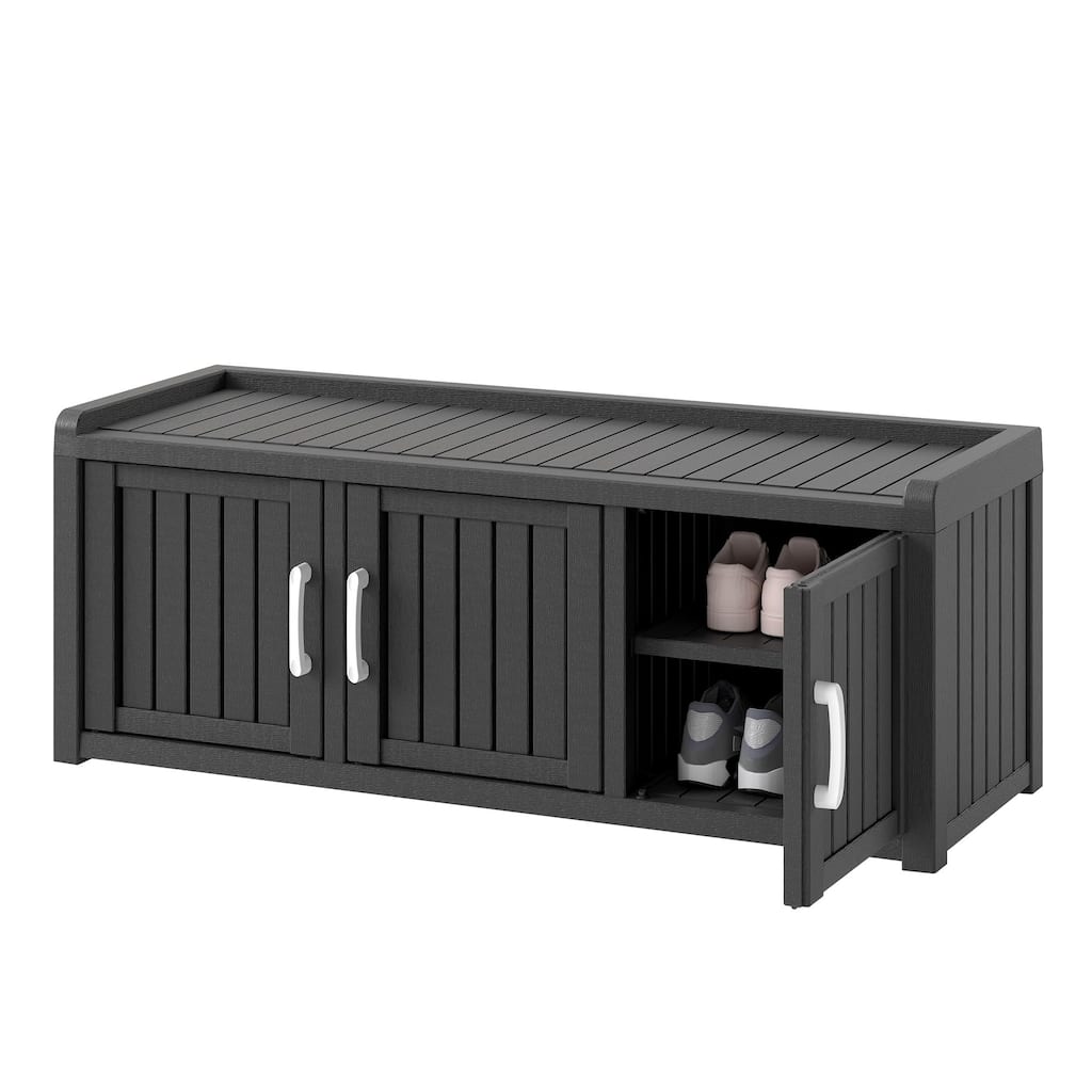 120 Gal. Double Door Locker with 3 Barn Doors Indoor and Outdoor Entryway Storage Bench