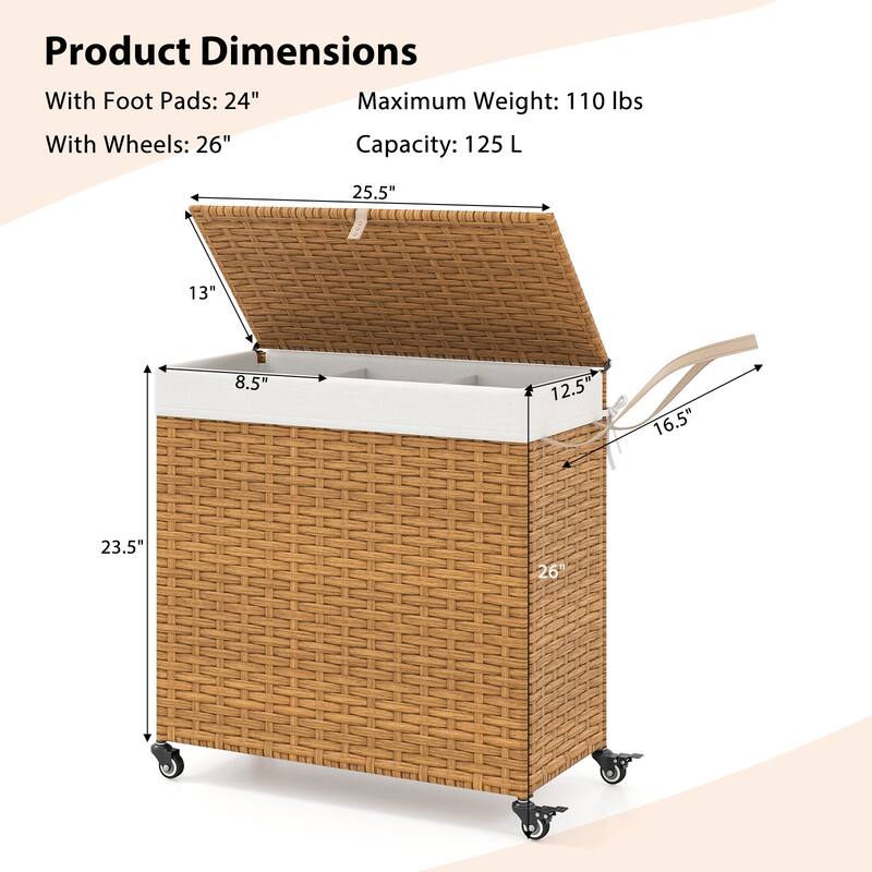 3-Compartment Laundry Basket Bags with Wheels Lid and 125L Capacity Removable - 25.5" x 13" x26" (L x W x H)