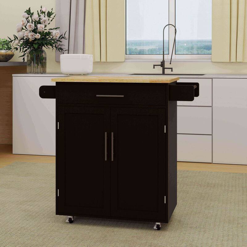 Mobile Kitchen Cart with Rubber Wood Tabletop, Adjustable Storage, and Towel & Seasoning Racks