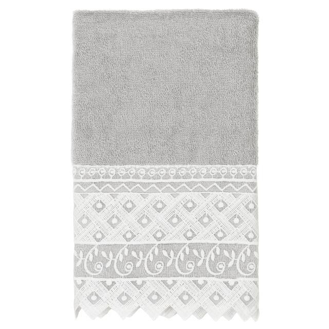 Authentic Hotel and Spa 100% Turkish Cotton Aiden White Lace Embellished Hand Towel - Light Gray