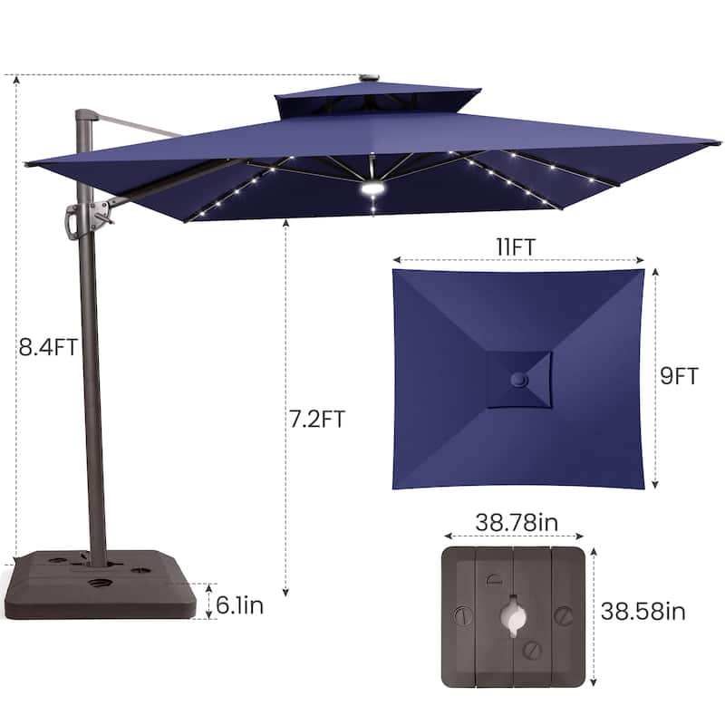 9 FT x 11 FT Outdoor Double Top LED Lighted Patio Cantilever Umbrella with Base