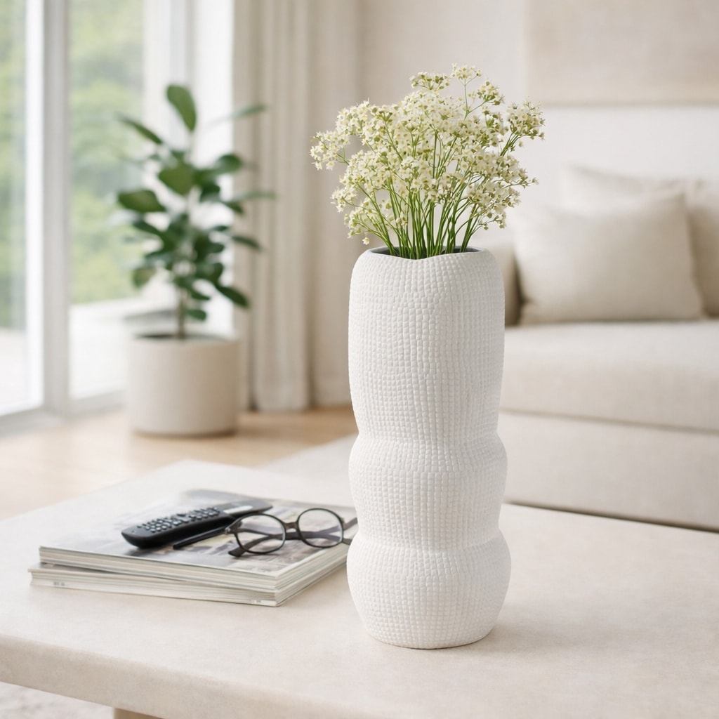 Decorative Vase - White Ceramic Textures Abstract, 12 in.