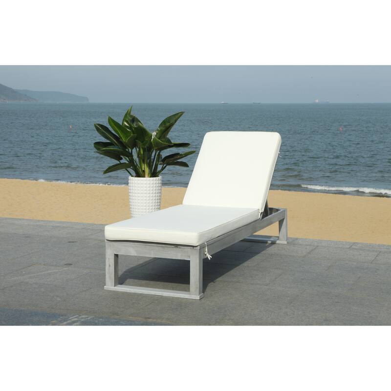 SAFAVIEH Outdoor Kaliyah Solid Wood Chaise Lounge Chair - 25Wx81Dx37H - Grey/Beige
