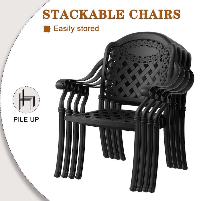 Black Stackable Cast Aluminum Patio Outdoor Dining Chairs With Seat Cushions
