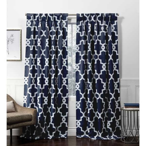 slide 12 of 17, Porch & Den Birkshire Moroccan Trellis Pinch Pleat Blackout Curtain Panel Pair 27X96 - Peacoat Blue