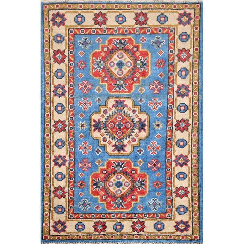Blue Geometric Kazak Foyer Rug Hand-Knotted Wool Carpet - 2'0" x 2'11"