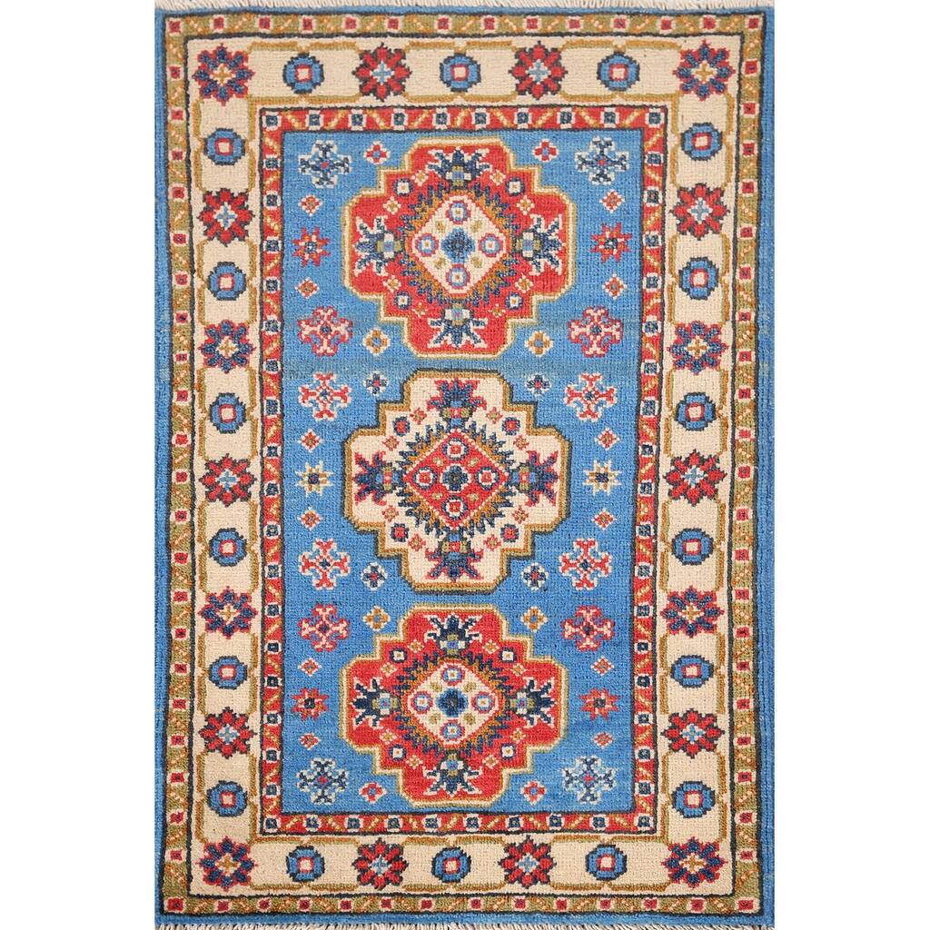 Blue Geometric Kazak Foyer Rug Hand-Knotted Wool Carpet - 2'0" x 2'11"