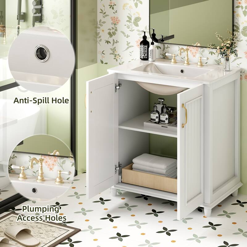 30" Bathroom Vanity with Ceramic Sink Freestanding Bathroom Vanity Storage Cabinet Set with Hidden Drawer in White