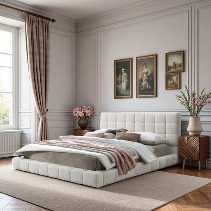 Ivory Boucle Queen Size Upholstered Platform Bed with Wooden Slat Support, No Box Spring Needed - Queen Ivory - Queen