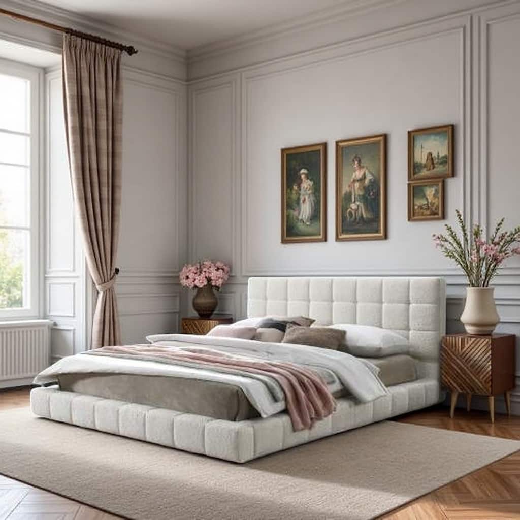 Ivory Boucle Queen Size Upholstered Platform Bed with Wooden Slat Support, No Box Spring Needed