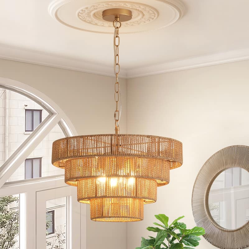 Starsky 6-Light 19inch Boho Tiered Rattan Drum Hand Woven Chandelier with Natural Rope Paper Shade - Yellow