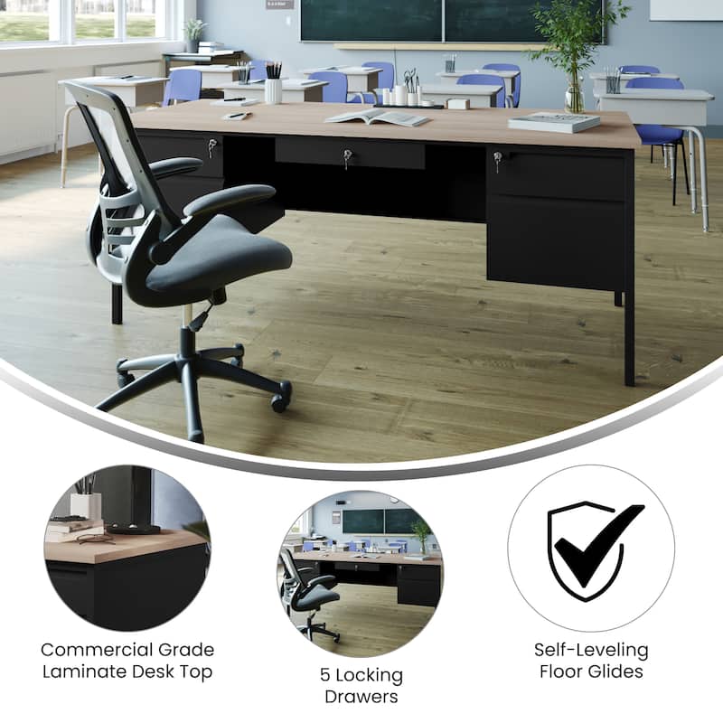 Commercial Double Pedestal Desk with 5 Locking Drawers
