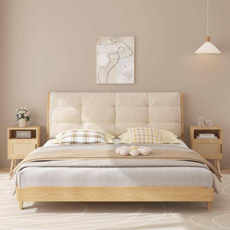 22.83" Solid Wood & Rattan Nightstand with Door, Shelf - Oak Finish Bedside End Table for Small Spaces