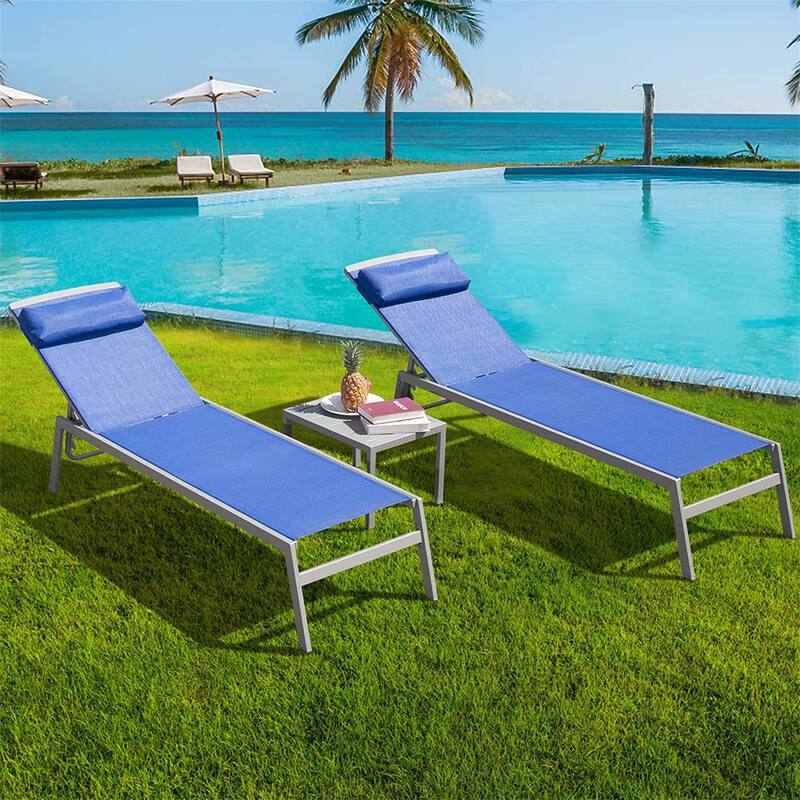 3 Pieces Aluminum Adjustable Pool Lounge Chairs - Blue