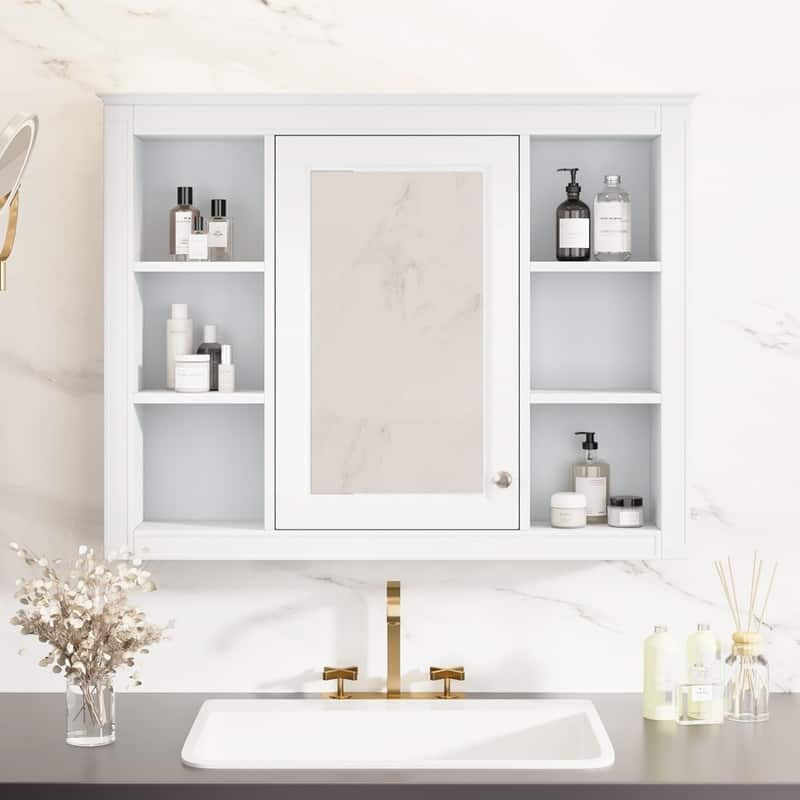 35'' x 27.5'' Modern Bathroom Wall Medicine Cabinet, Wall Mounted Bathroom Storage Cabinet with Mirror and 6 Open Shelves - N/A - White