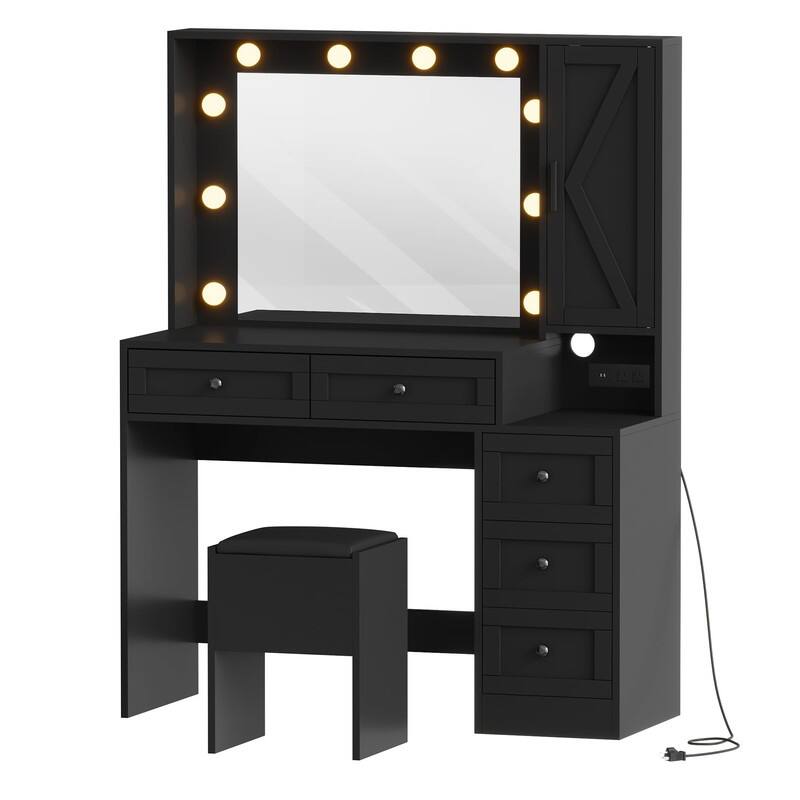 Lighted Makeup Vanity Desk with 10 LED Lights, 3 Colors, Charging Station & Stool