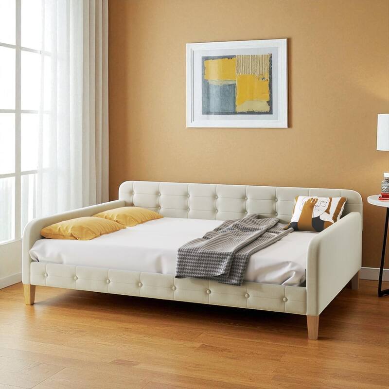 Full Size Upholstered Daybed with Velvet Fabric, Solid Wood Frame, Slat Support, No Box Spring Needed