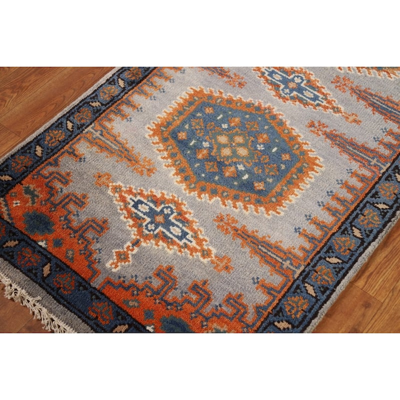 Geometric Viss Indian Runner Rug Handmade Gray Wool Carpet - 2'6"x 9'7"