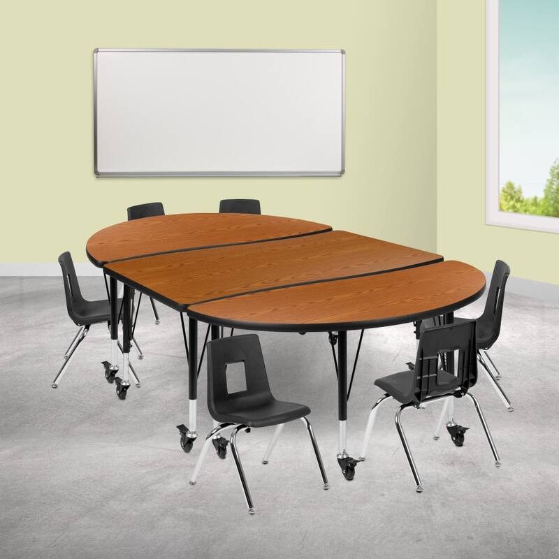 Mobile 76" Oval Wave Flexible Activity Table Set with 12" Student Stack Chairs - Oak