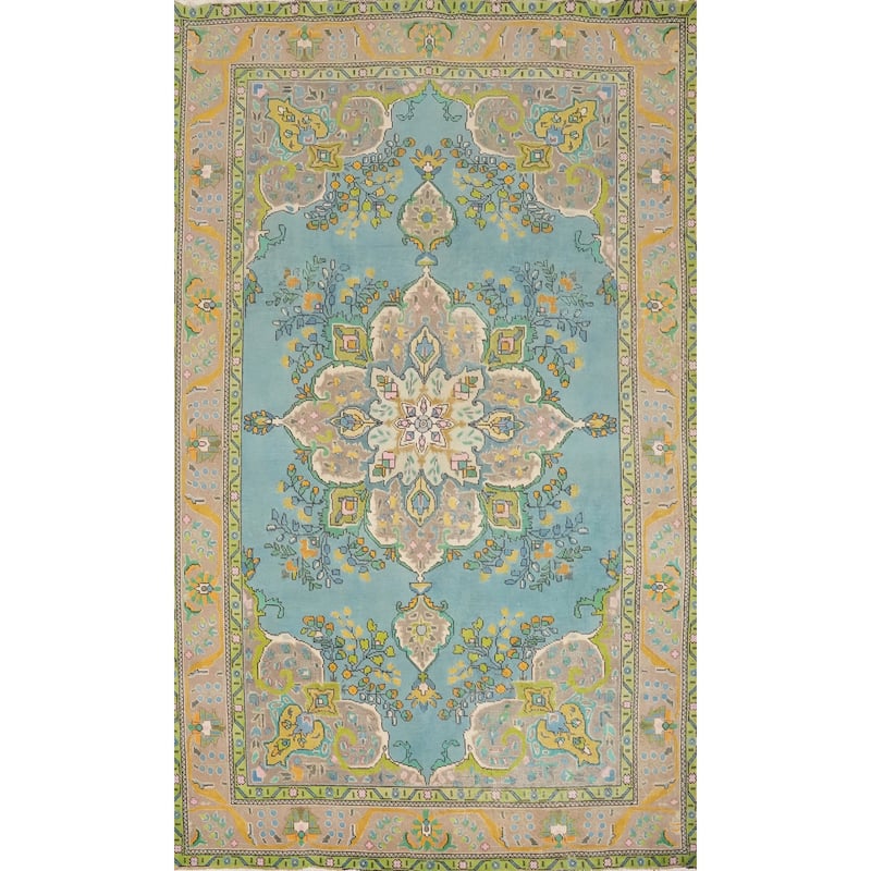 Hand Knotted Oriental 100% Wool Carpet Traditional Floral Navy Blue & Blues Tabriz Area Rug - 9' 8'' X 6' 6''