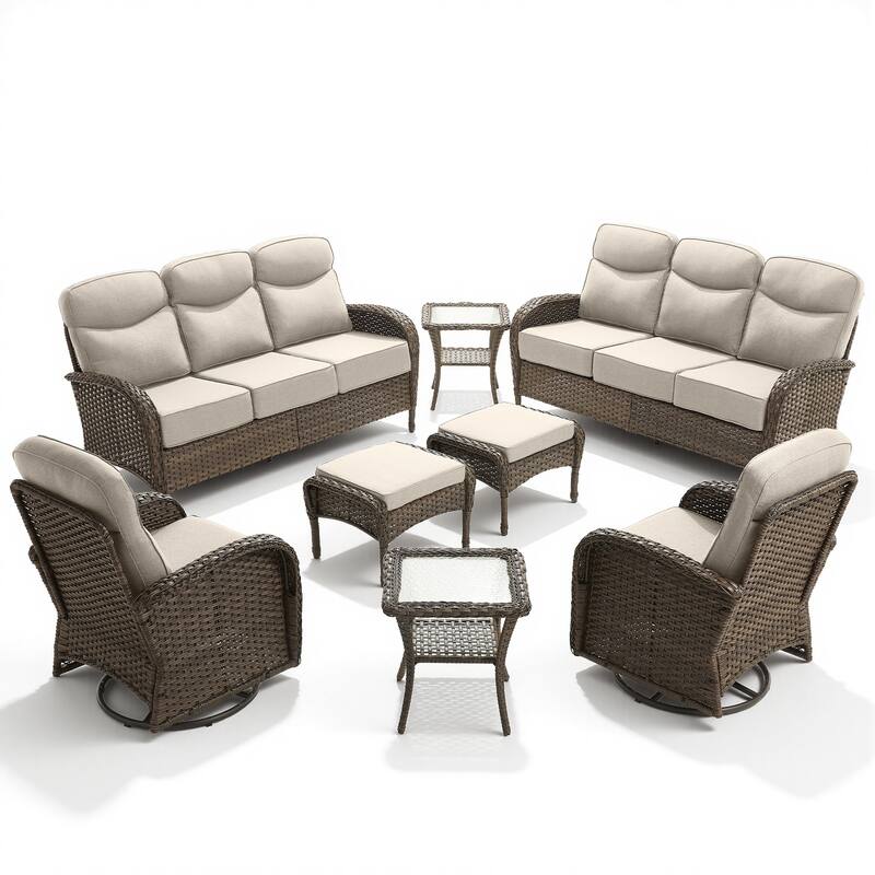 Pocassy Patio 3-Seat Sofa Swivel Chair Table with Ottoman