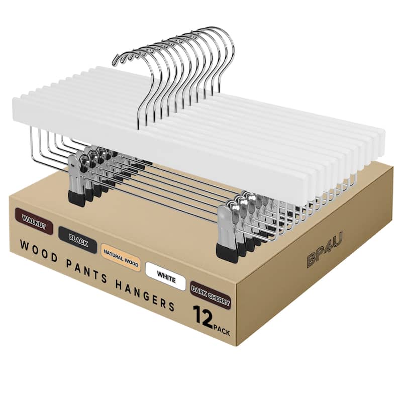 BP4U Premium Wooden Pants Hangers with Adjustable Clips, Solid Wood Skirt Hangers for Jeans, Slacks, Dresses - 12-Pack - White