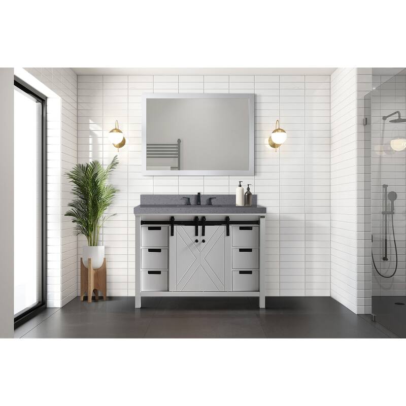 Marsyas Bath Vanity, Grey Quartz Countertop and Mirrors
