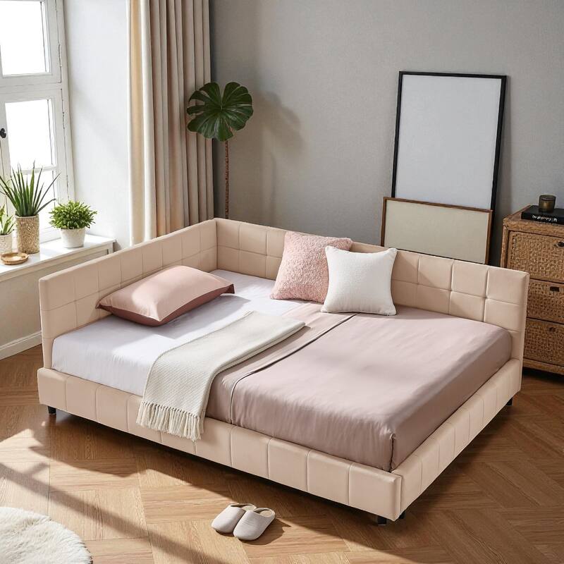 Full Size Velvet Upholstered Tufted Daybed Frame with Backrest and Armrest, Mid-Century Sofa Bed for Bedroom or Living Room