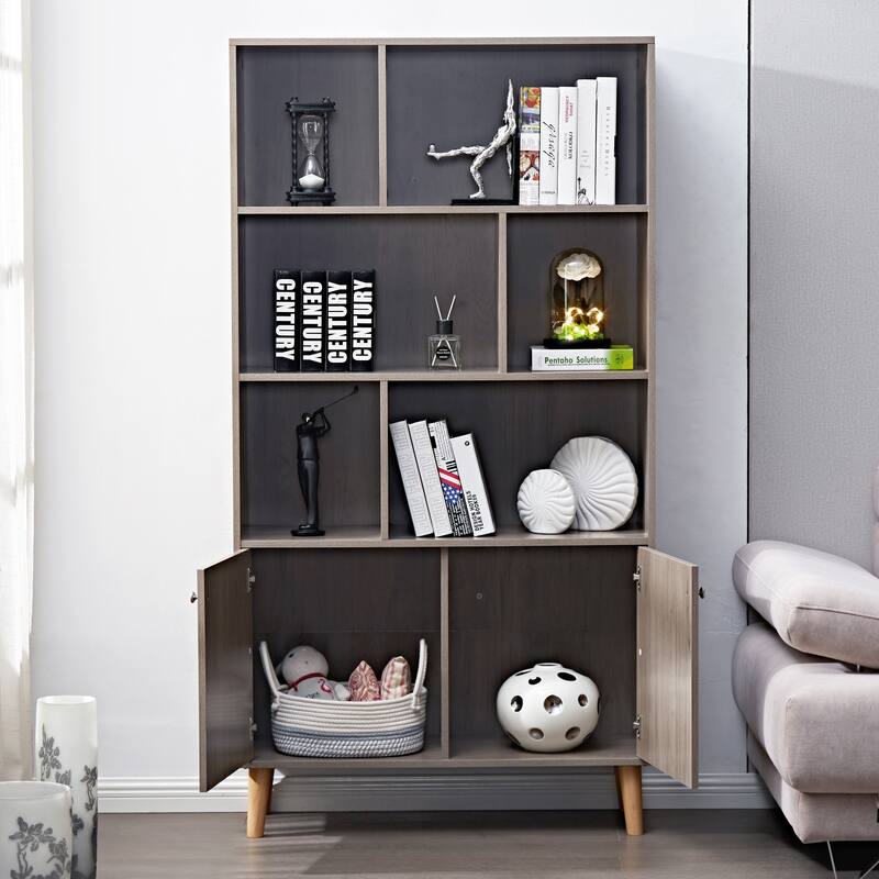 3-tier Wood Bookshelf Bookcase with 2 Bottom Enclosed Cabinet