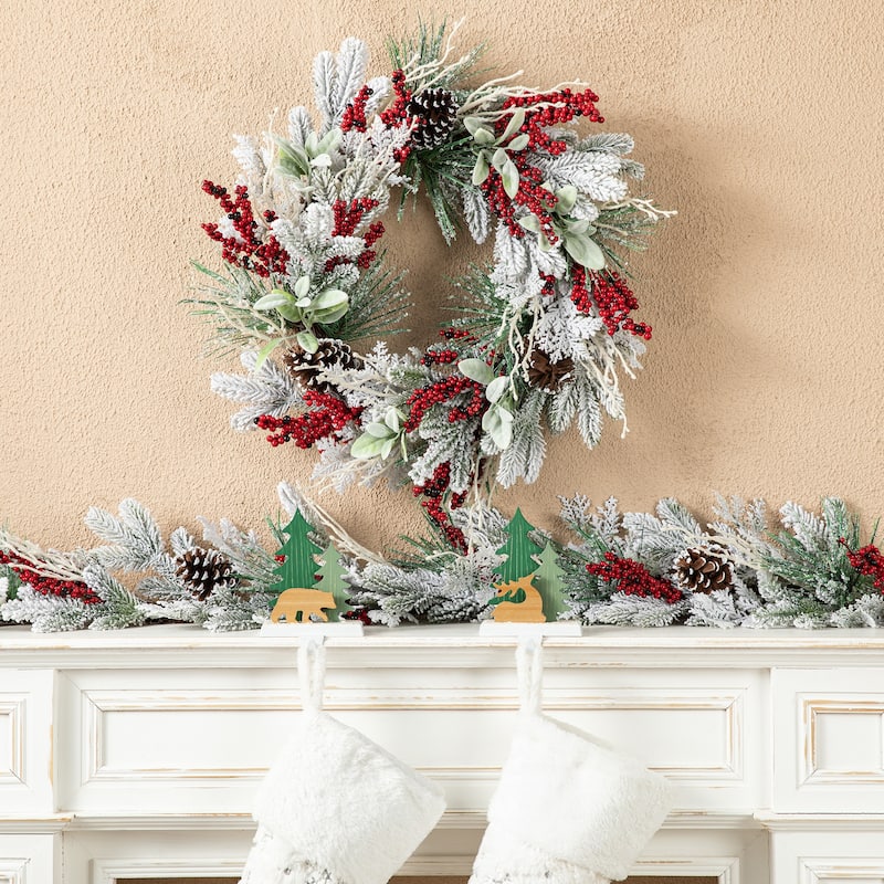 Glitzhome Artificial Christmas Flocked Pinecone Berry Teardrop Wreath Centerpiece
