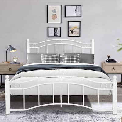 White Queen Size Metal Bed Frame with Headboard and Footboard