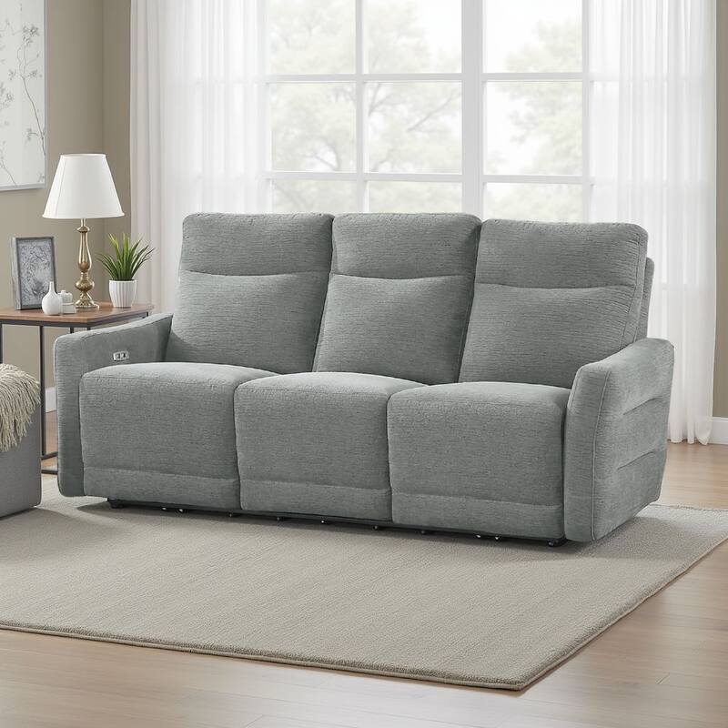 Eddie Power Double Reclining Sofa w USB, Lay Flat, Dove Gray Chenille