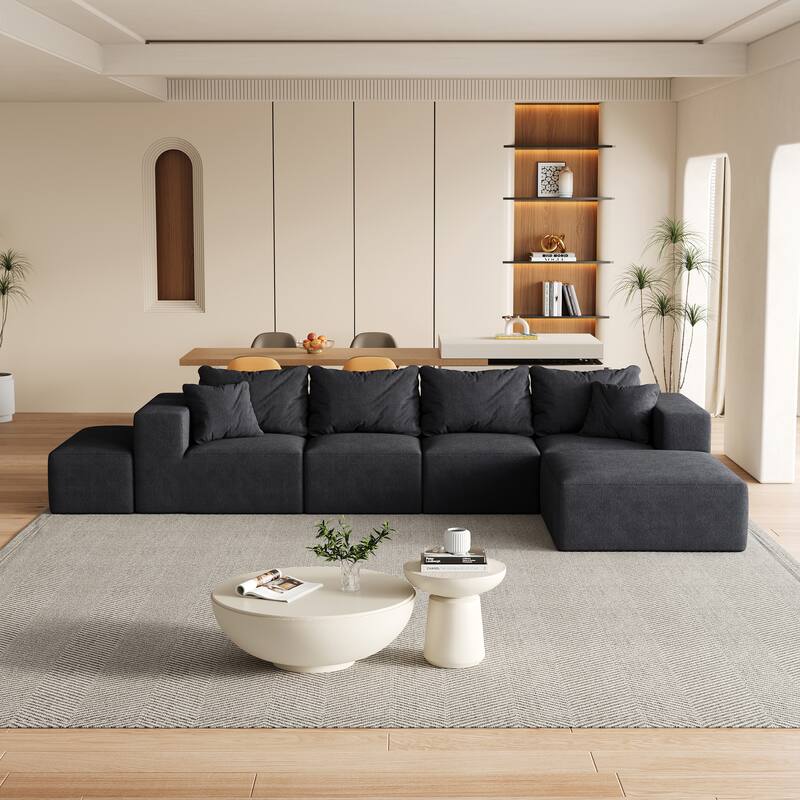 Upholstered Sectional Boneless Couch Set,Modular 132" L Shaped Sectional With 6 Pillows,Free Combination Sofa Couch - Black