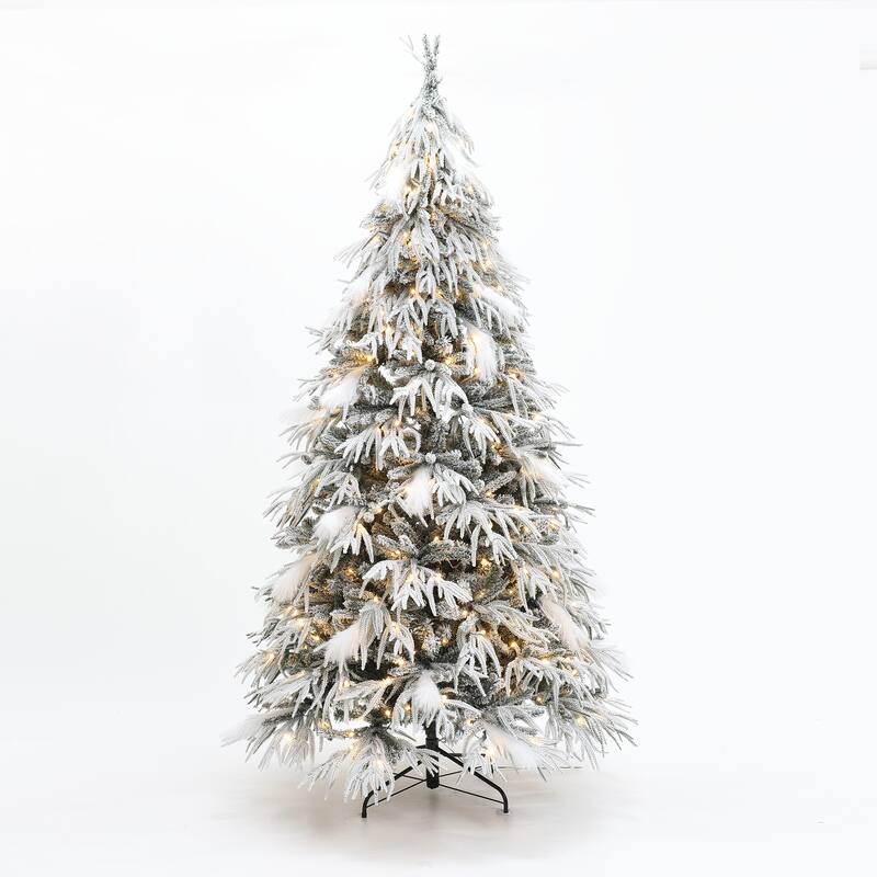 7.5Ft Pre-Lit Hinged Snow Flocked Slender Artificial Christmas Tree - 90" H x 52" Diameter