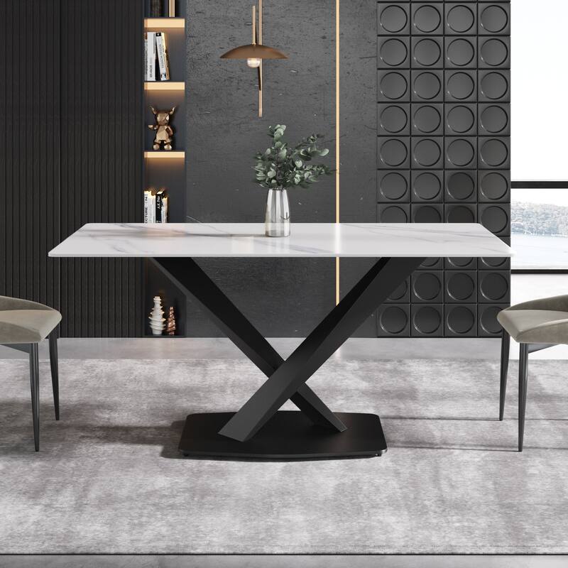 63''Modern Dining Table, White Sintered Stone Tabletop Dining Table with Moran Violet Steel Base - N/A